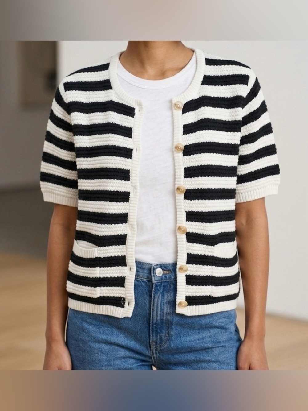 Free Assembly Striped Crochet Cardigan Short Sleeve Gold Button Sweater M Preppy